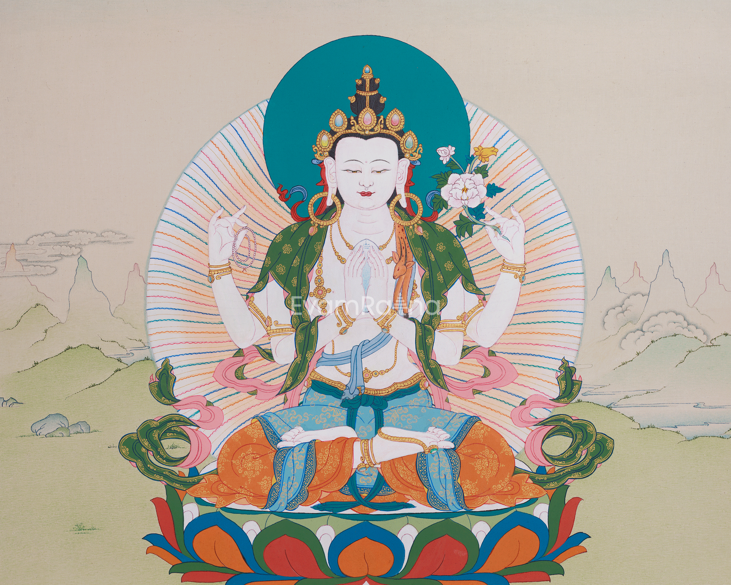 Traditional Handmade Chenrezig Thangka | Bodhisattva of Compassion and Healing