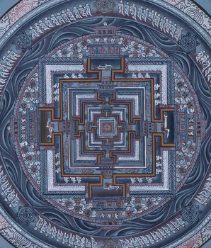 Grey Colored Kalachakra Mandala Thangka With Silver