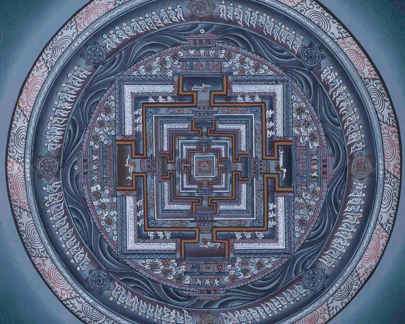 Grey Colored Kalachakra Mandala Thangka With Silver