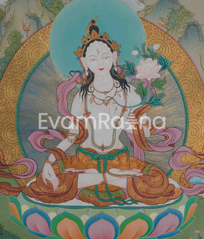 White Tara Thangka | Traditional Tibetan Painting In Menri Style | Long Life Mother Drolma