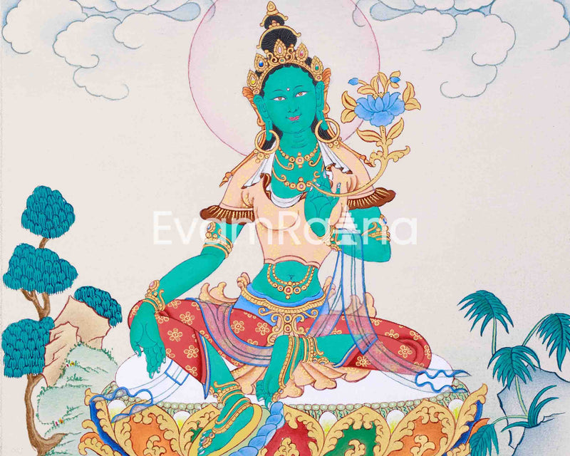 Green Tara Sacred Art | Hand Painted Divine Harmony Thangka | The Goddess of Healing