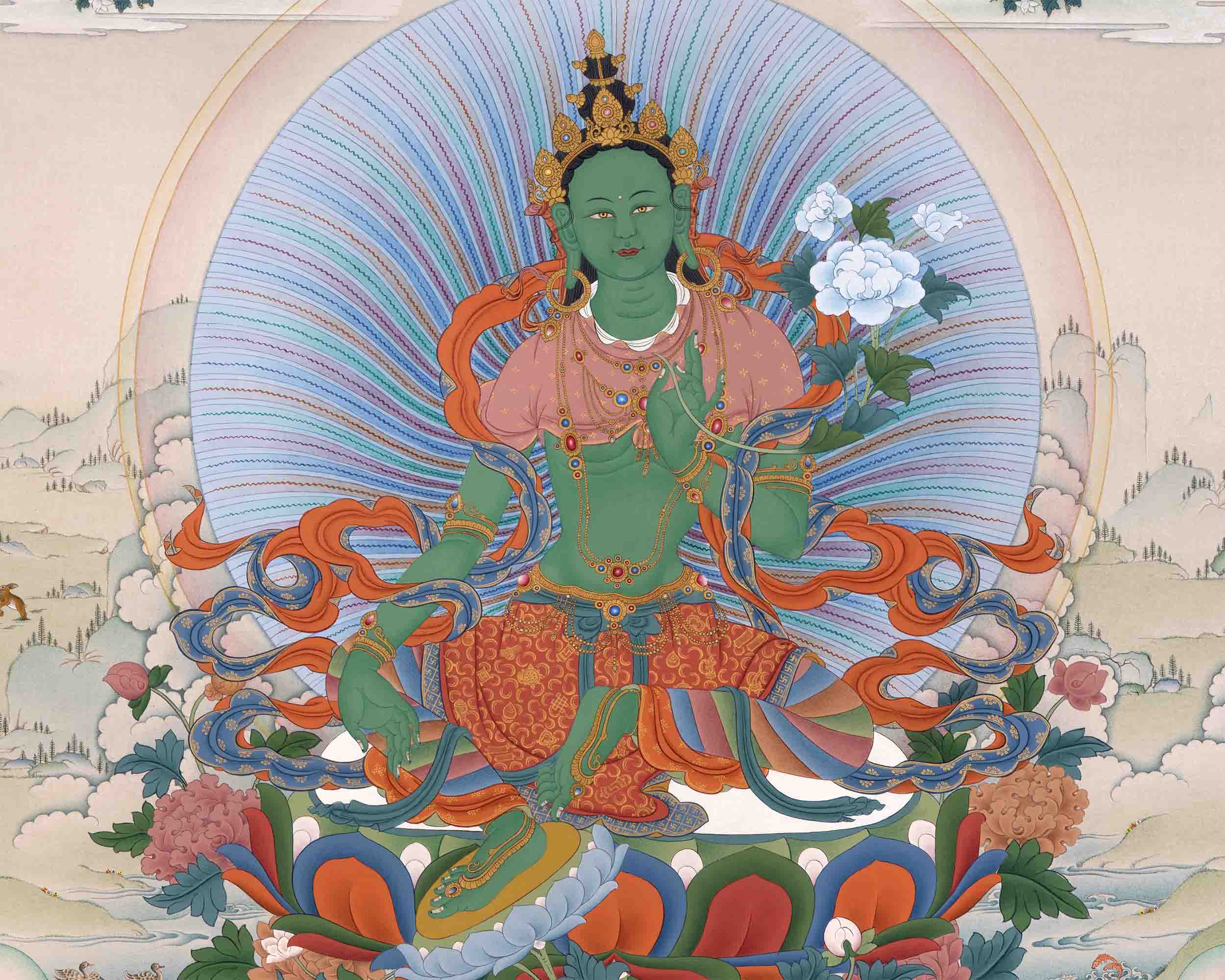 Traditionally Crafted Thangka Print For 21 Tara Praise | Tibetan Thangka Print For Mindfuless | Tibetan Buddhism Art