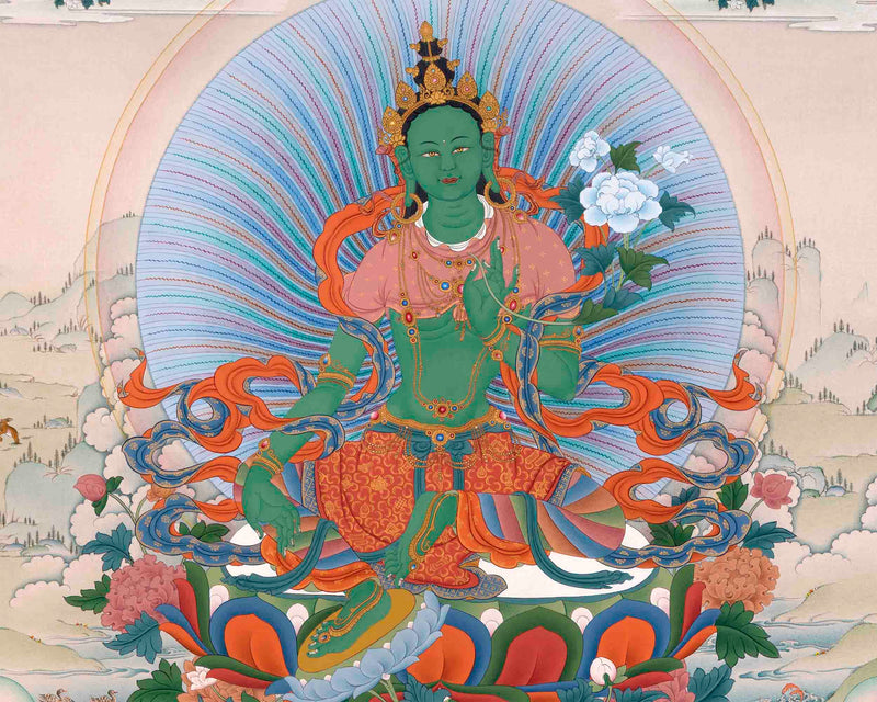 Traditionally Crafted Thangka Print For 21 Tara Praise | Tibetan Thangka Print For Mindfuless | Tibetan Buddhism Art