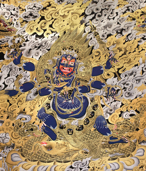 Wrathful Mahakala with Dharma Protectors | Divine Guardian Thangka | Gold and Silver on Black Canvas