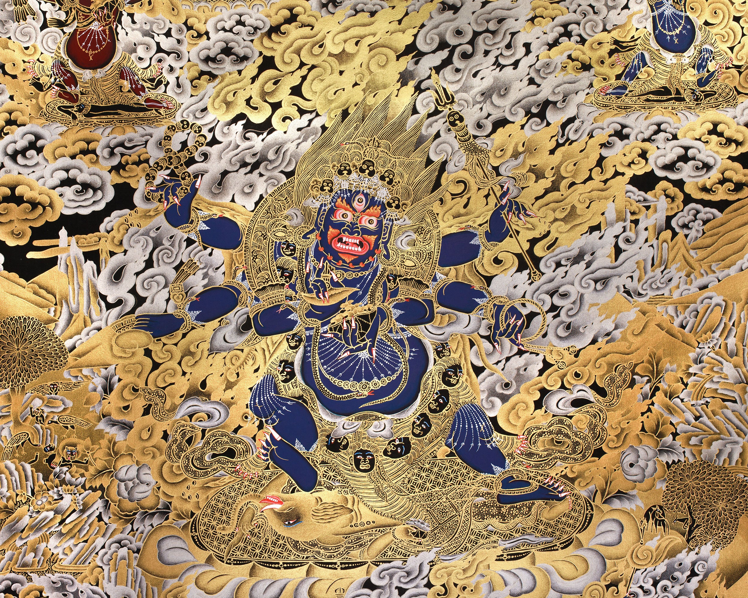 Wrathful Mahakala with Dharma Protectors | Divine Guardian Thangka | Gold and Silver on Black Canvas