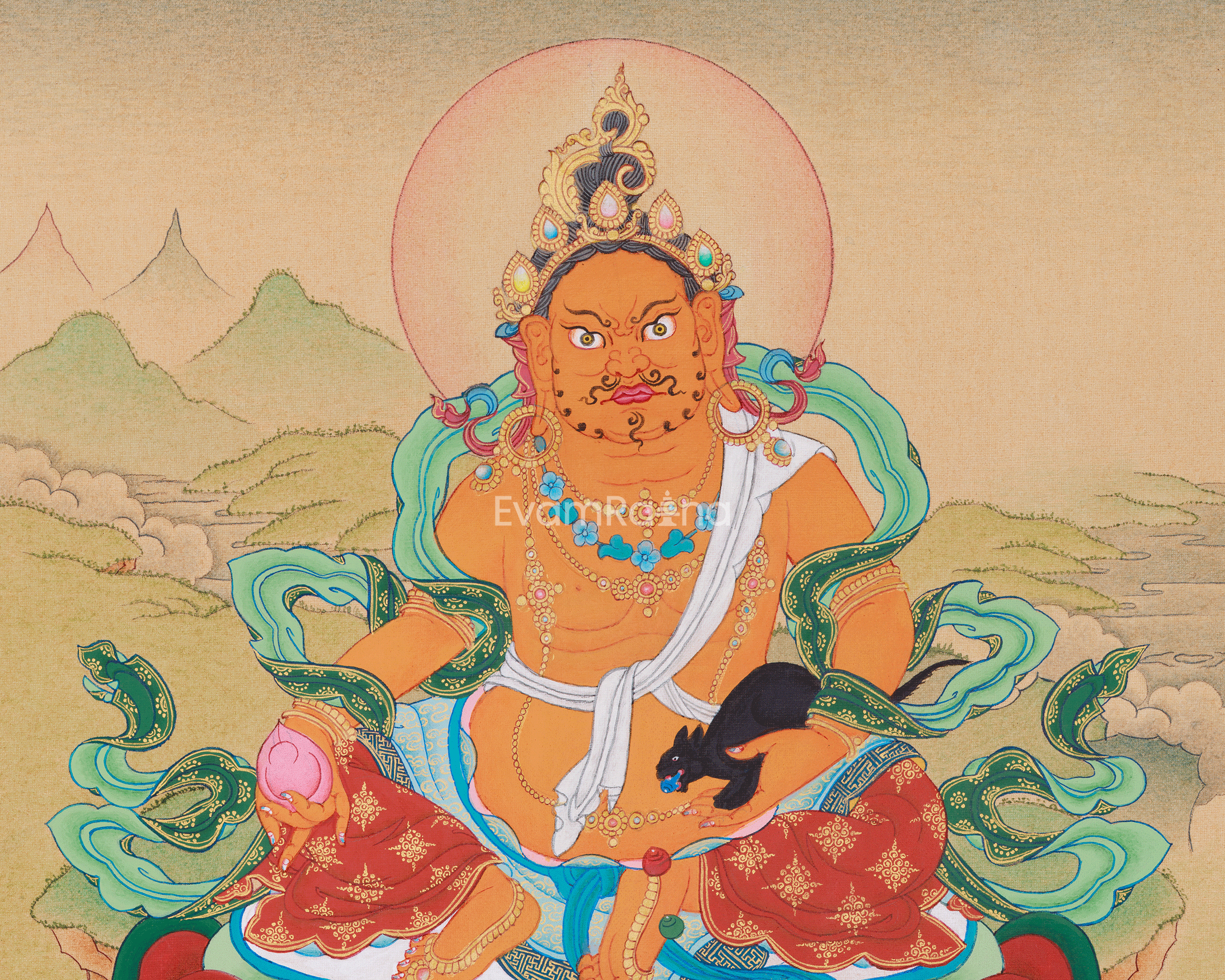 Kuber, Buddhist Wealth Deity | Yellow Dzambhala Thangka for Prosperity