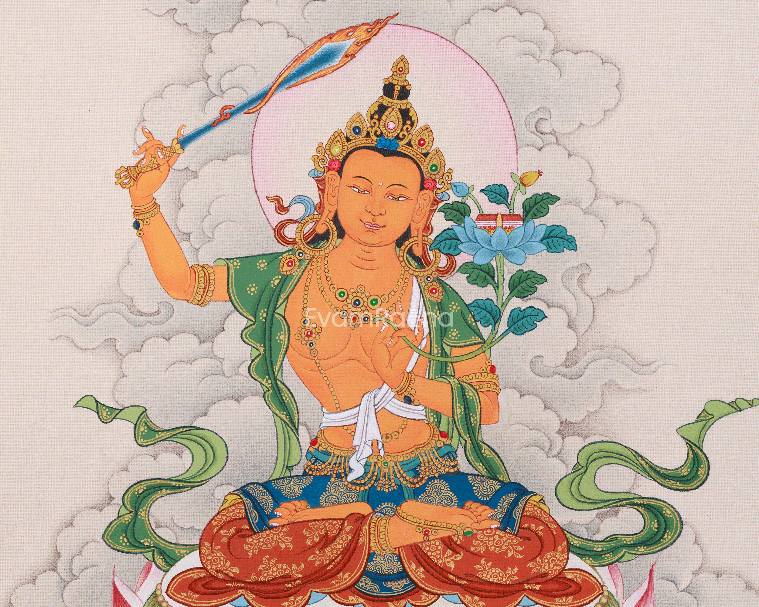 Sacred Compact Manjushri Thangka | Wisdom, Insight & Spiritual Awakening
