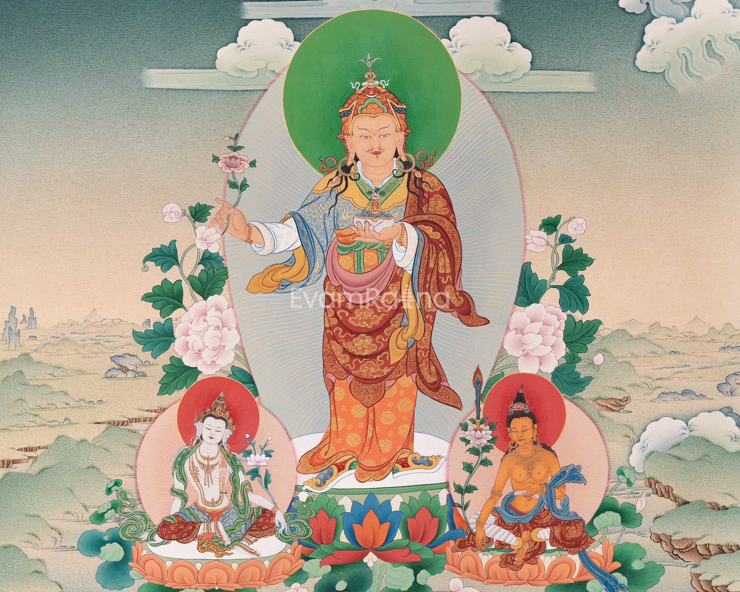 Tibetan Standing Guru with Four Bodhisattva | High-Quality Giclee Canvas Print