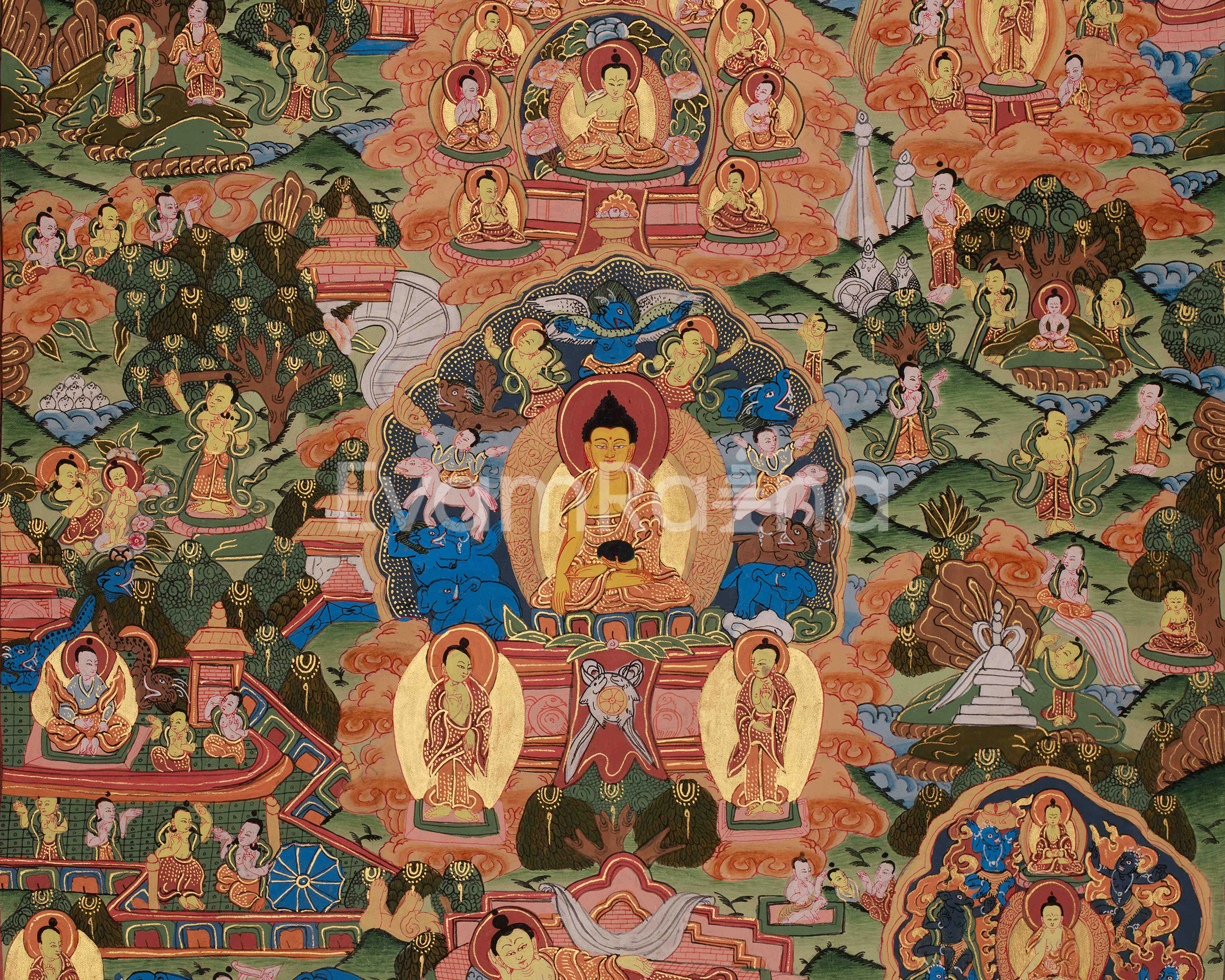 Traditional Buddha Life Story Thangka | Sacred Journey from Birth to Enlightenment