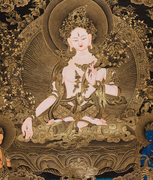 Golden Glow White Tara Female Buddha Thangka | A Testament to Spiritual Grandeur