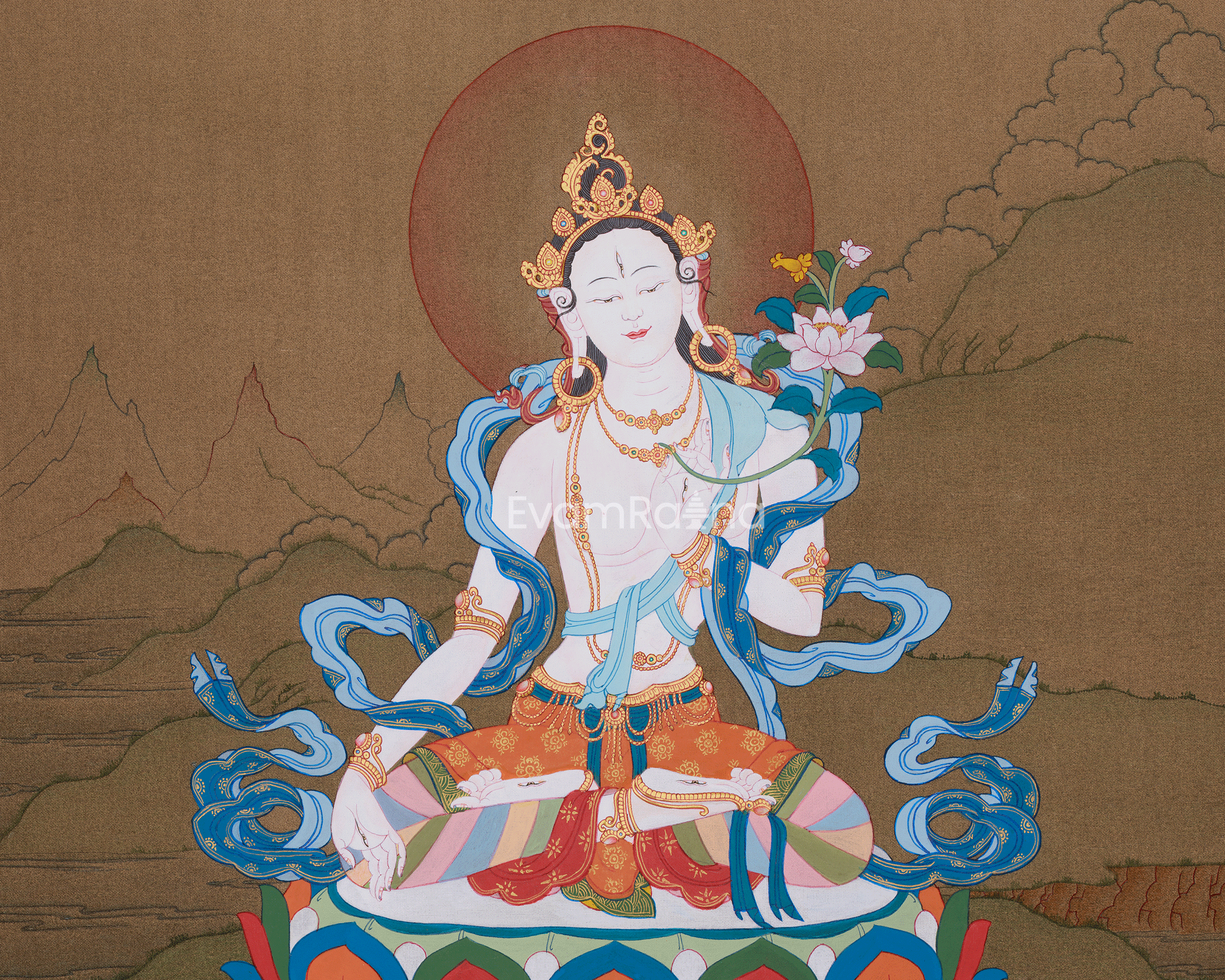 Traditional White Tara, Healing Goddess | Female Bodhisattva | 24K Gold, Acrylic Colors