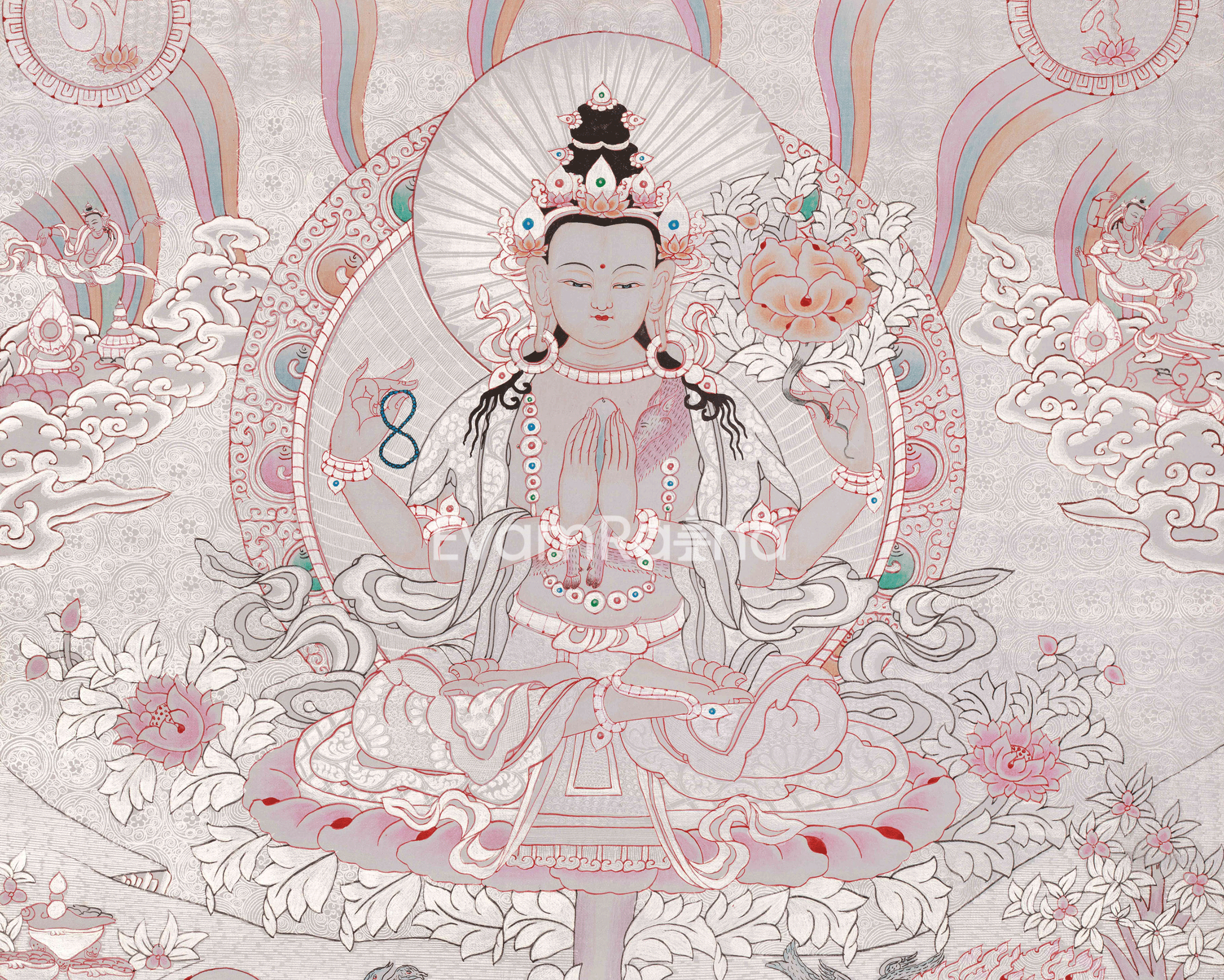 Spiritual Four-Armed Chenrezig Thangka | Avalokiteshvara Art | Meditation Altar