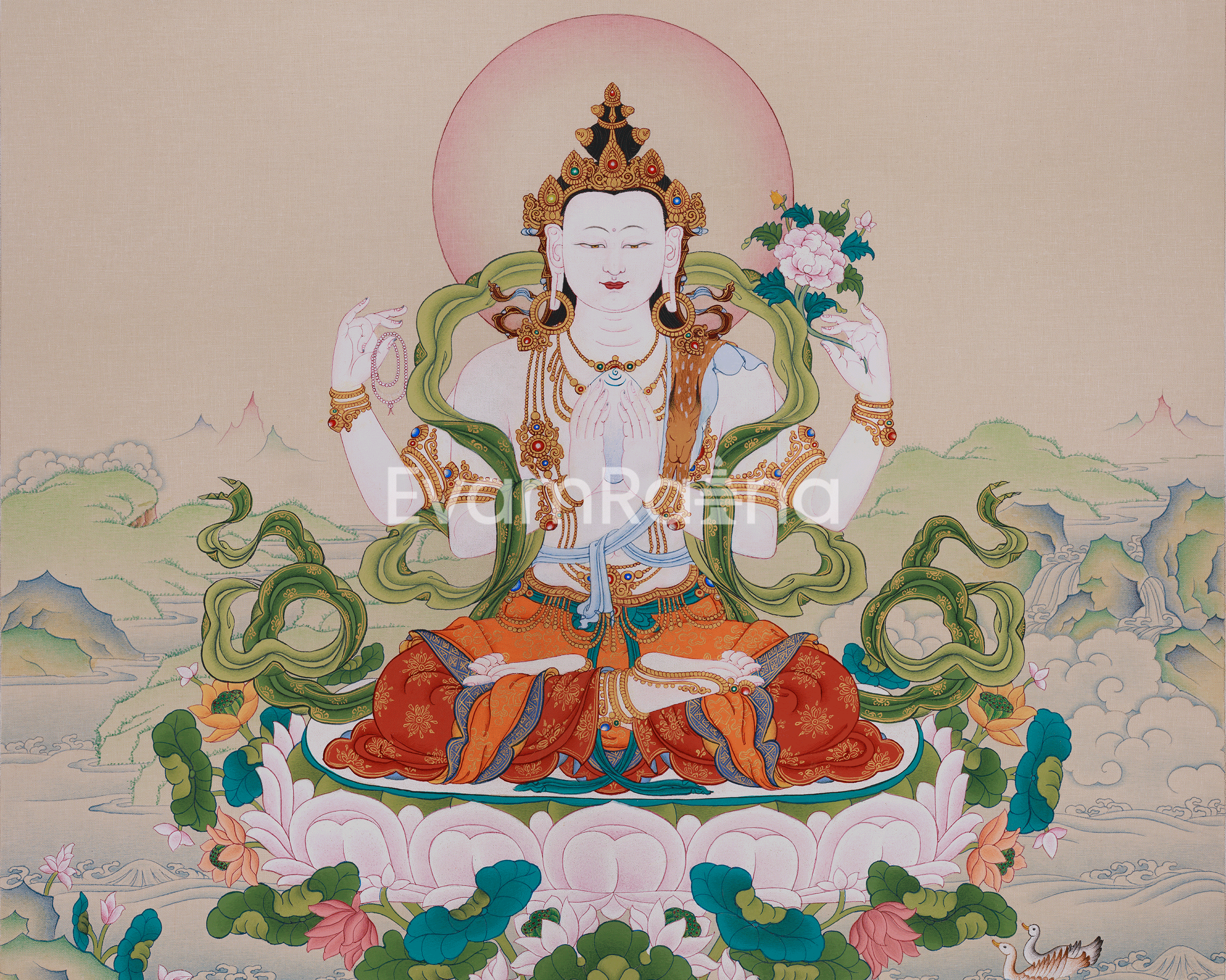 Sacred Thangka Of Four-Armed Chenrezig | Avalokiteshvara Art | Meditation Altar