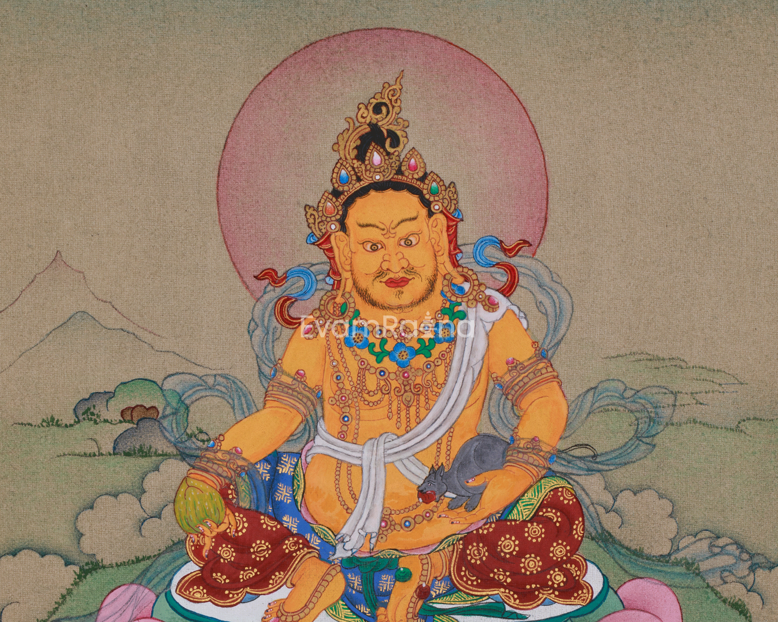 Sacred Jambhala Artwork | Kubera Thangka | Tibetan Buddhist Guardian of Fortune