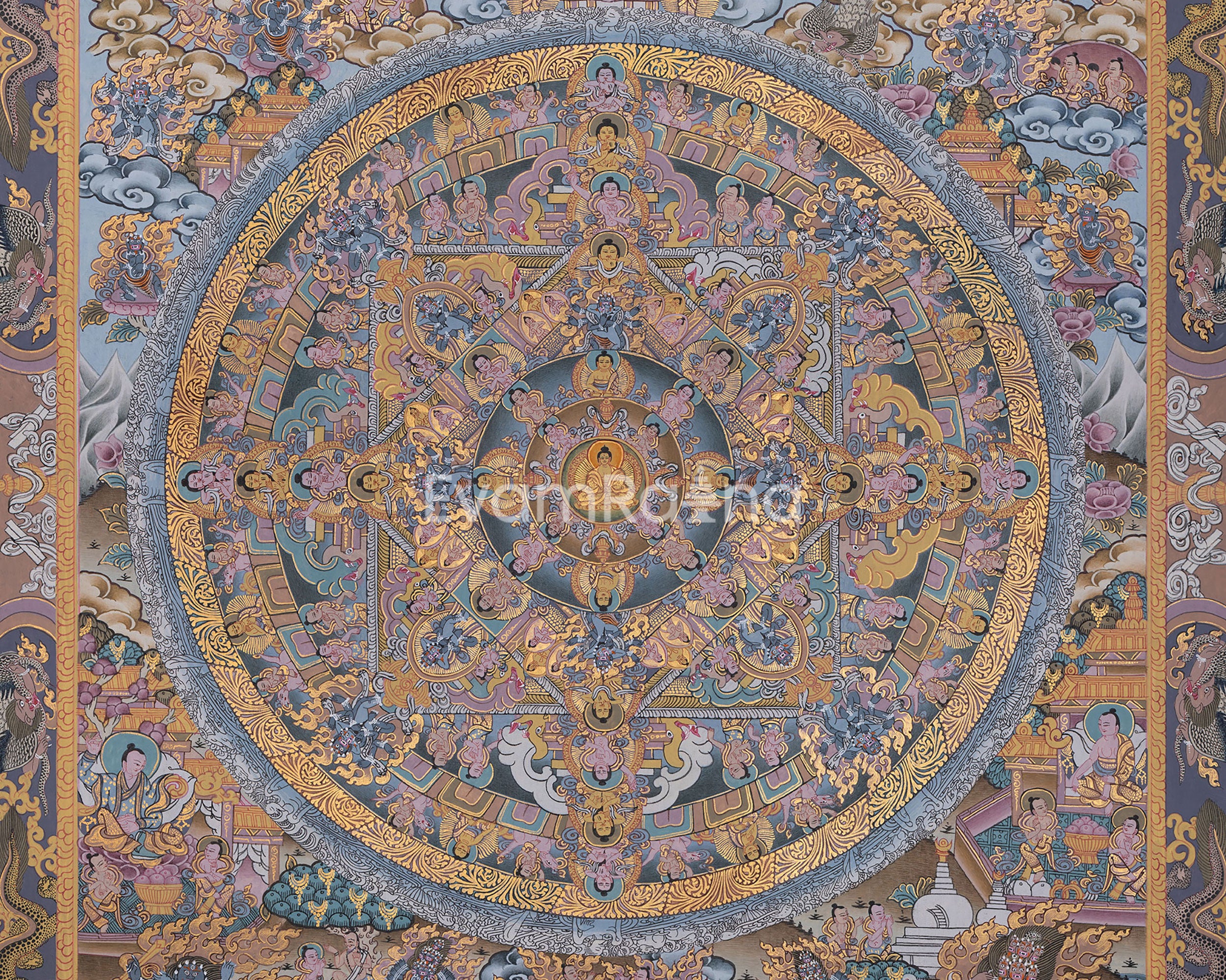 Traditional Painted Grey Colored Buddha Mandala | A Symbol of Wisdom & Balance