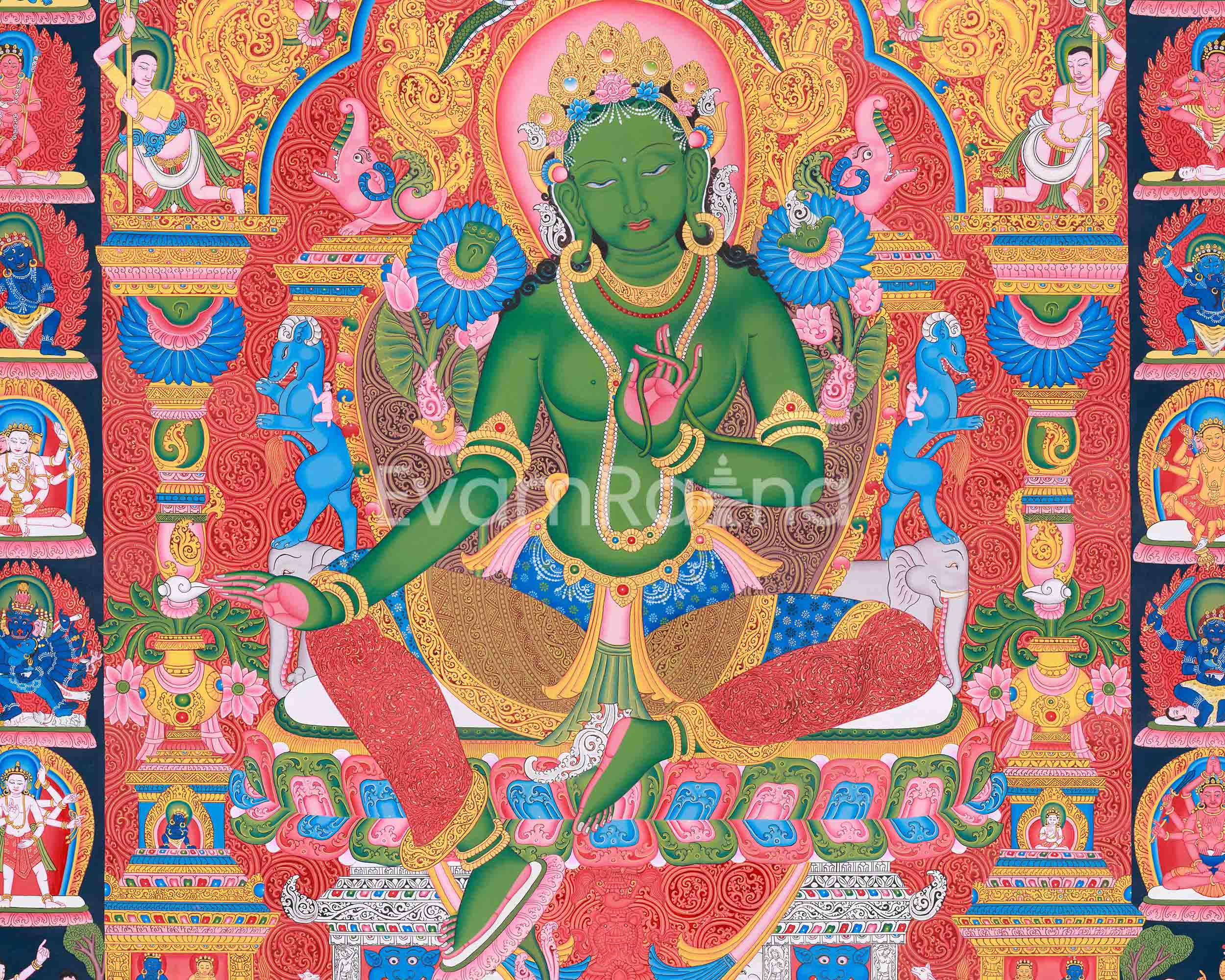 Green Tara and Divine Deities Thangka | Religious Hand Painted Art | Spiritual Decors