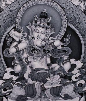 Black and White Vajrasattva Consort Painting | Traditional Paubha Artistry