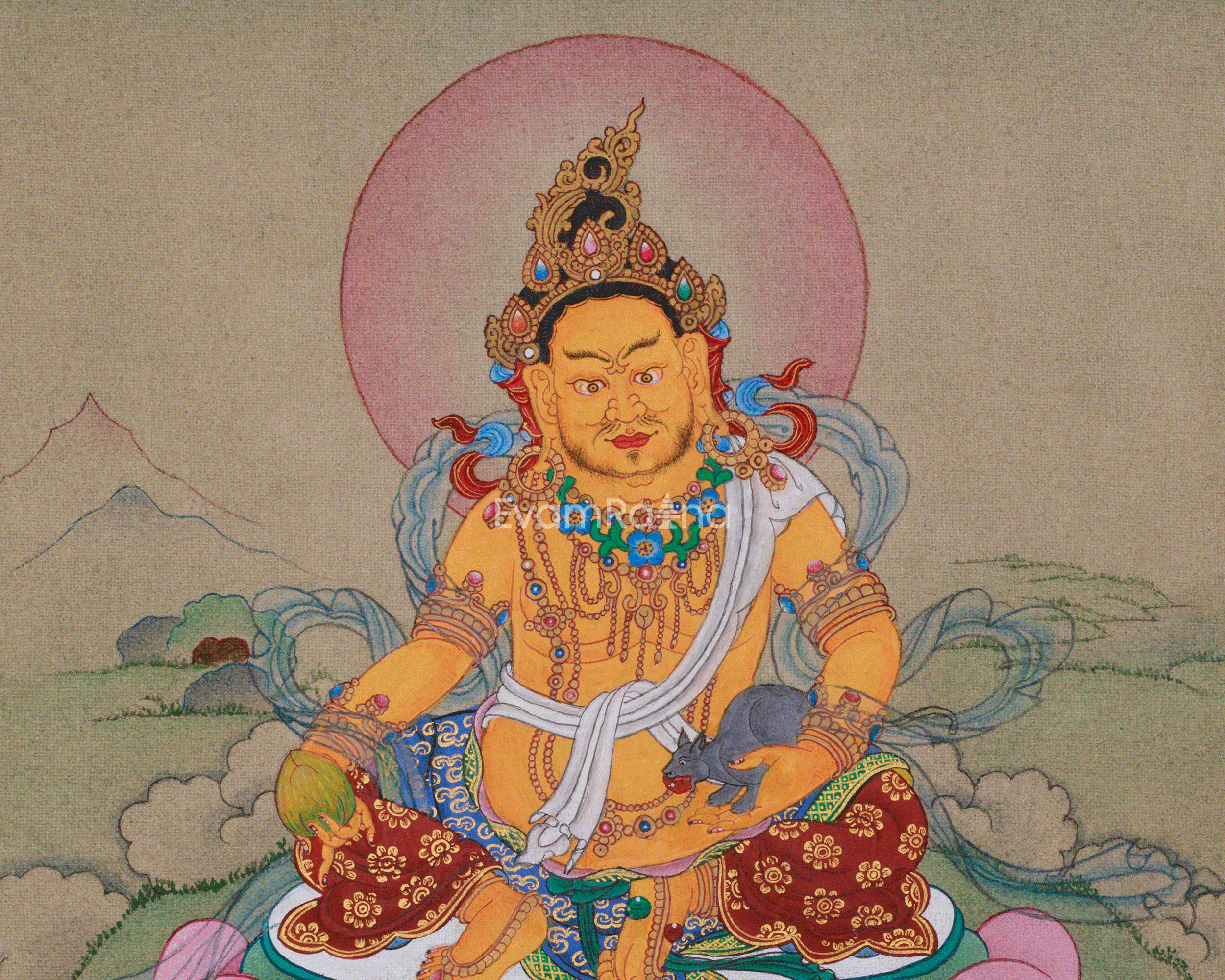 Original Thangka of Yellow Dzambhala | Buddha of Wealth and Prosperity