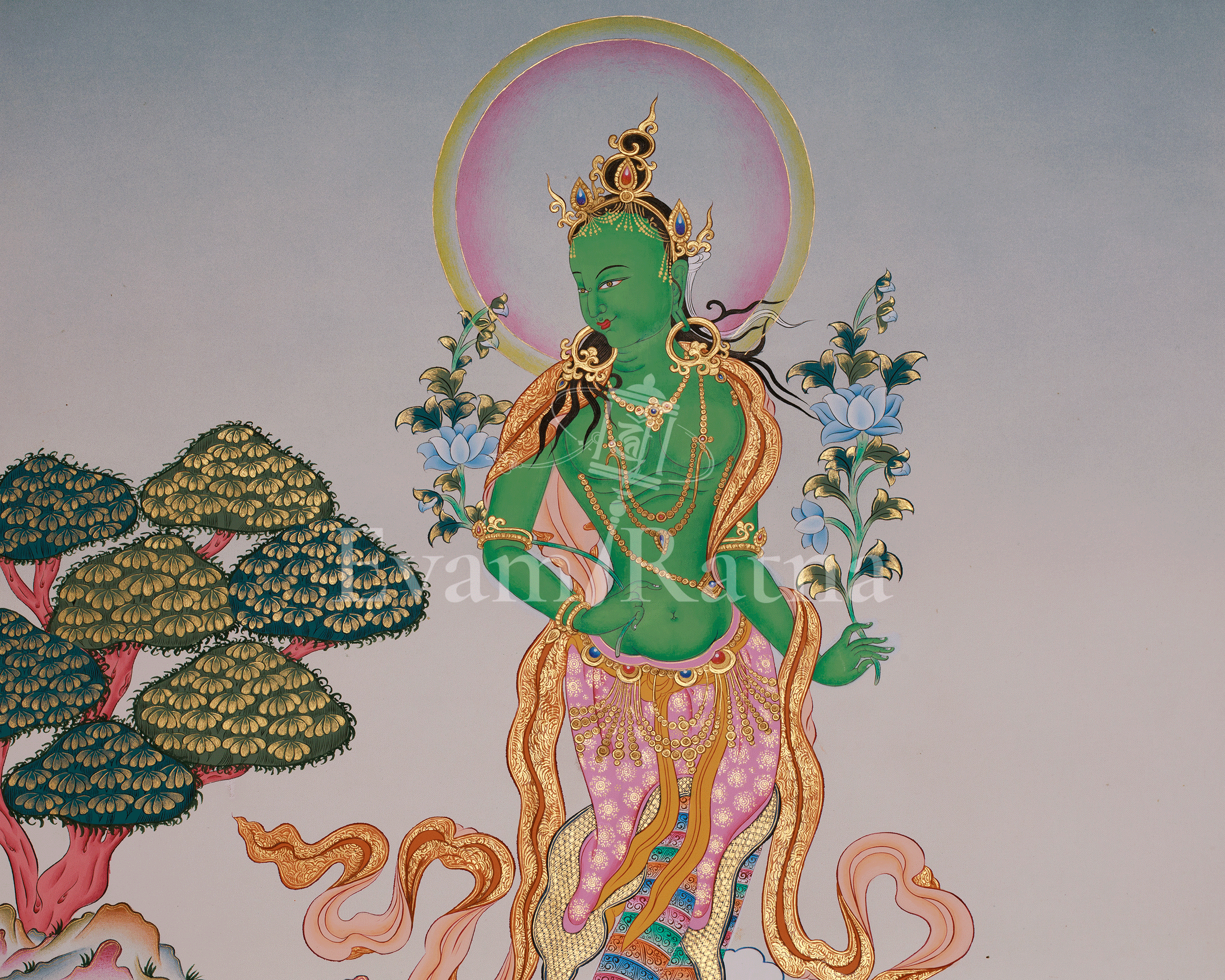 Compassionate Deity Standing Green Tara Thangka | Swift Protection | Shyama Tara