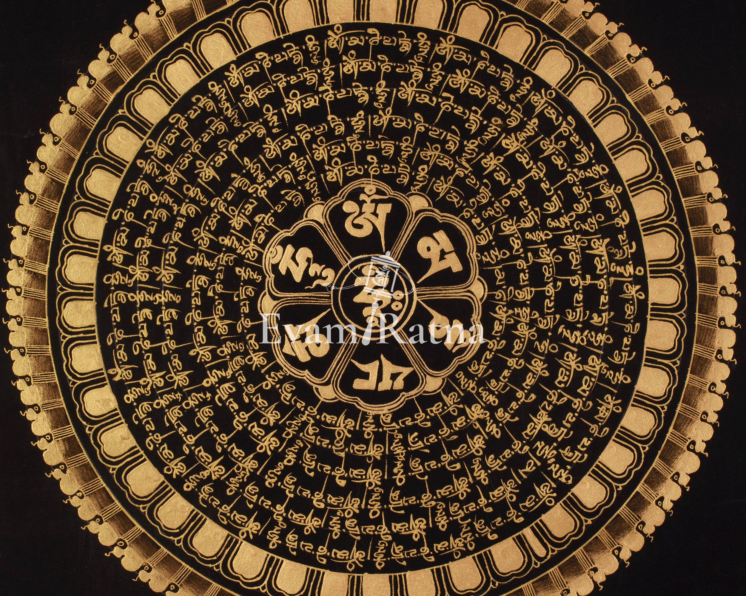 Buddhist Gold and Black Mantra Mandala | Tibetan Meditation and Devotional Painting