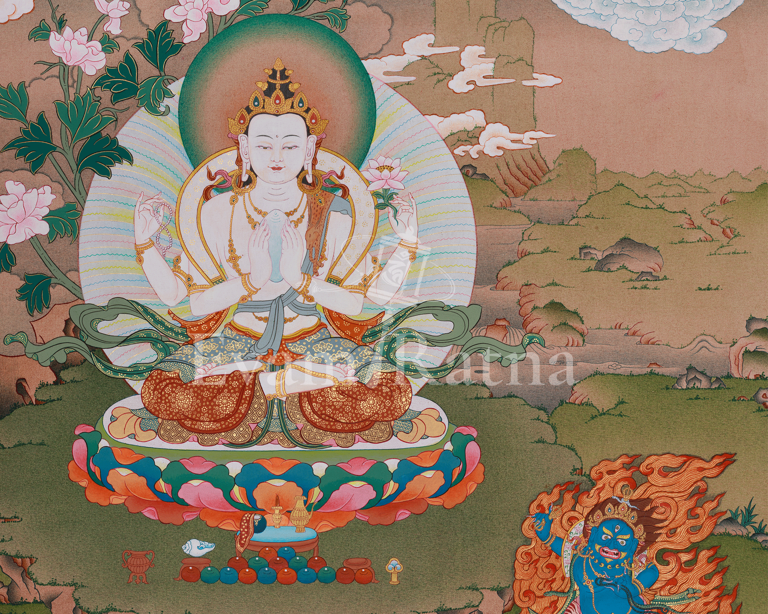 Four Armed Chenrezig Tibetan Artwork | Sacred Compassion Buddha