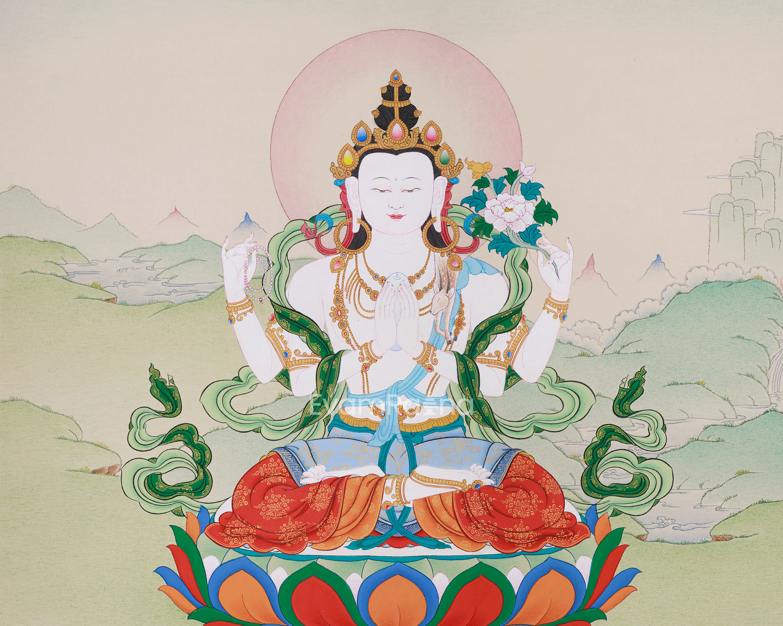 Hand-Painted Tibetan Buddha Chenrezig | Spiritual Guardian of Power and Compassion