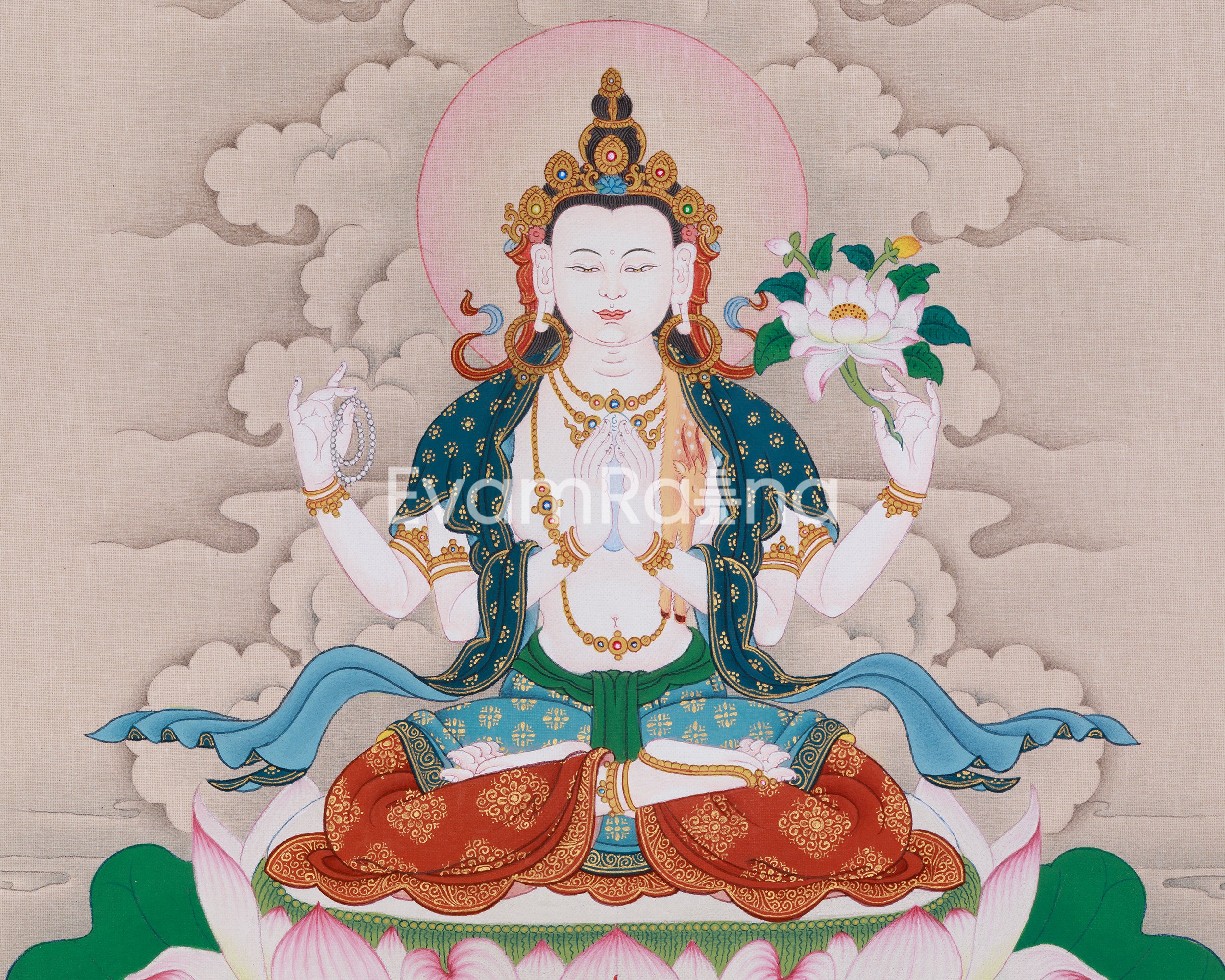 Sacred Thangka of Bodhisattva Chenrezig | Avalokiteshvara Artwork
