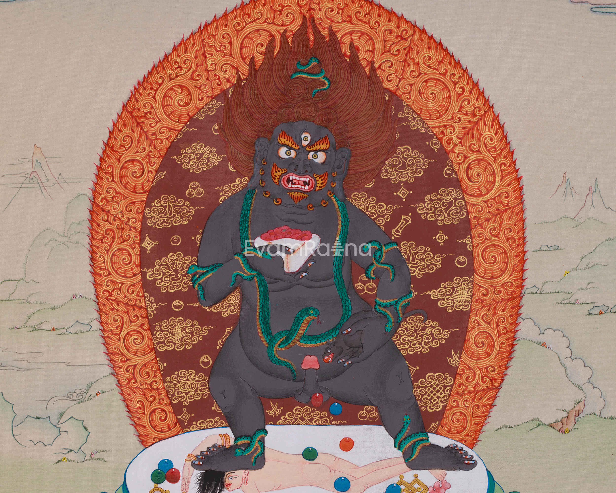 Tibetan Black Dzambhala Thangka | The Divine Guardian of Abundance and Spiritual Growth