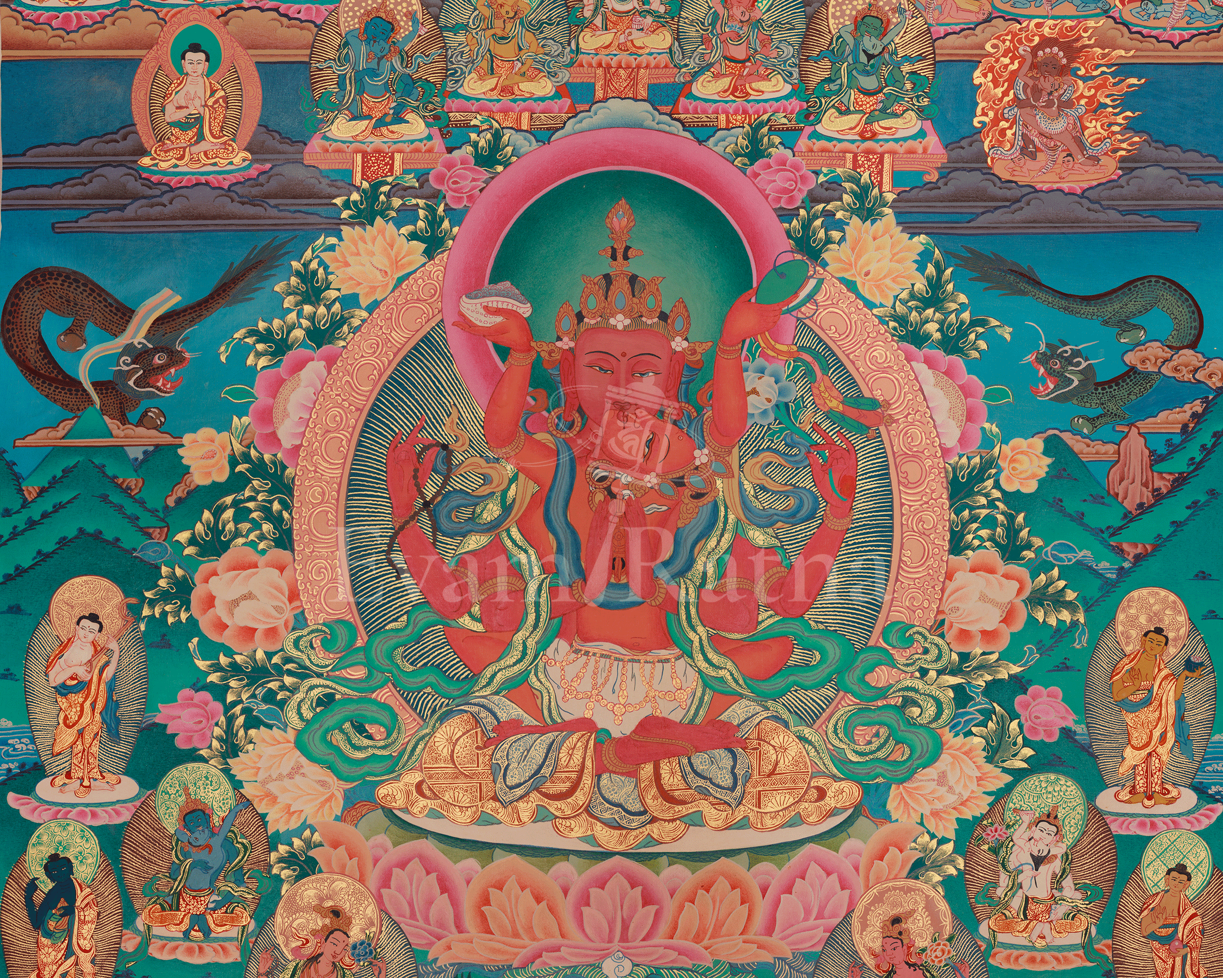 Traditional Thangka of Red Chenrezig | Gyalwa Gyasto with Consort