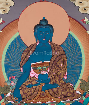 Hand-Painted Thangka of Blue Buddha, Bhaisajyaguru | Tibetan Healing Buddha