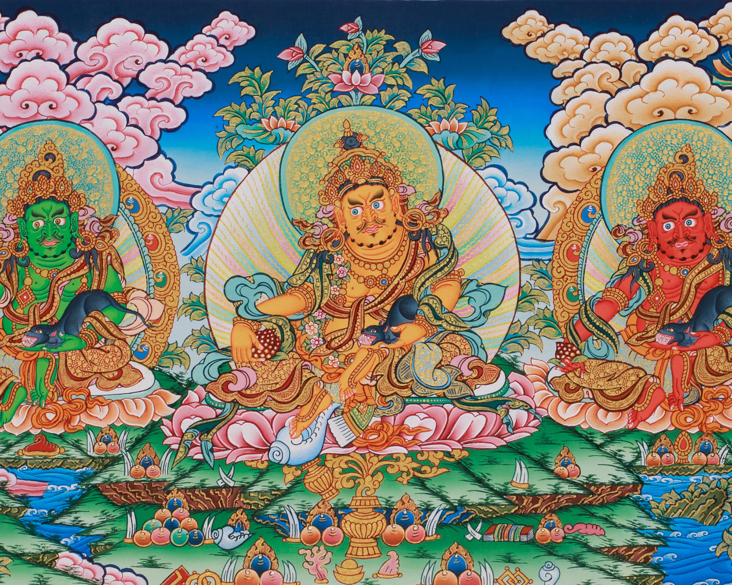 Buddhist 5 Dzambhala Thangka | Divine Guardians of Fortune & Wealth
