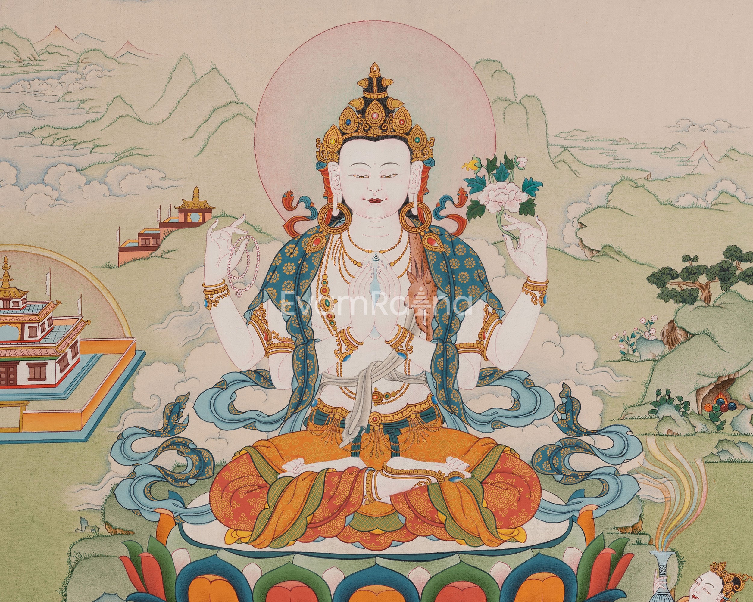 Buddha of Compassion Chenrezig Thangka | Divine Mercy and Enlightened Presence