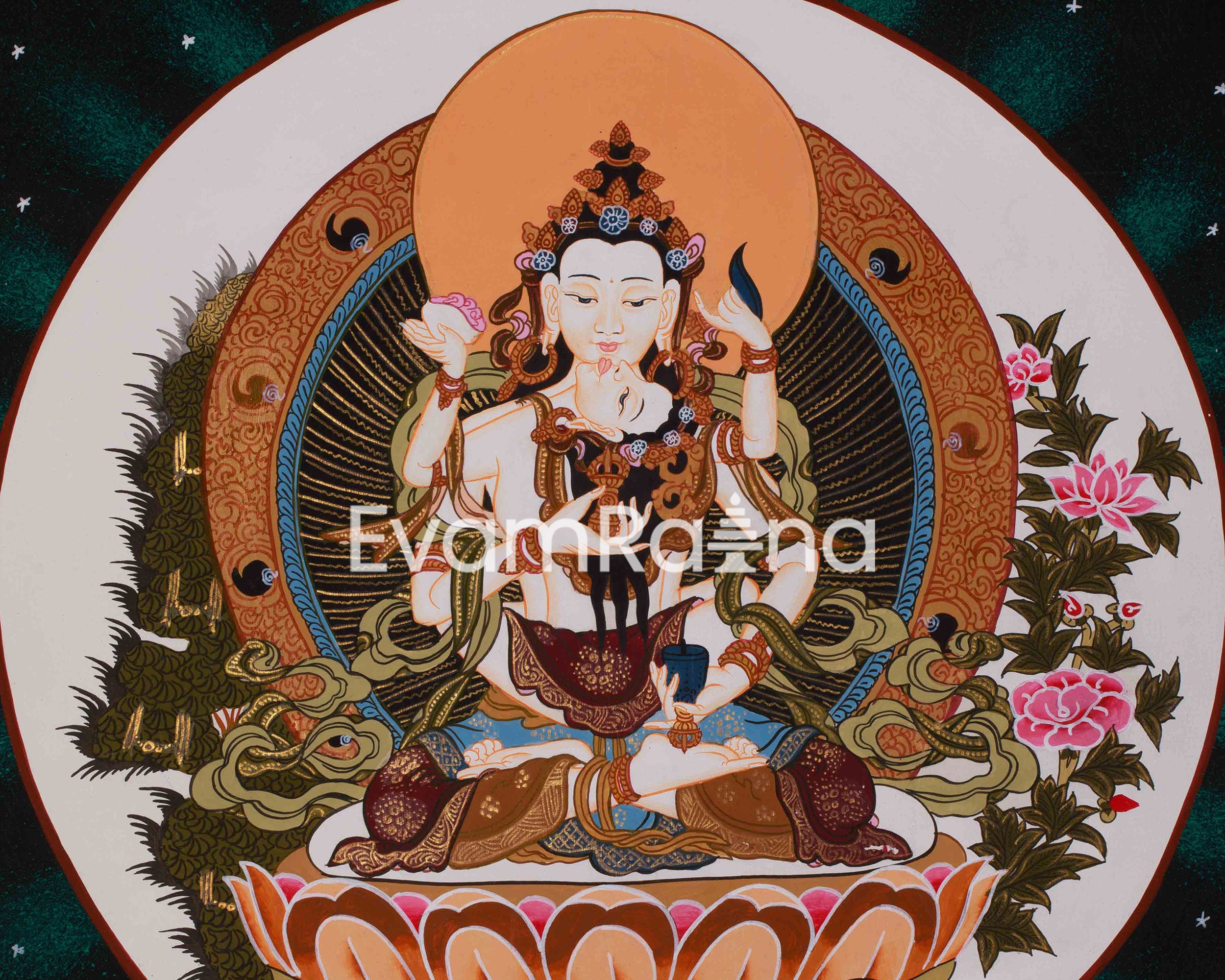 Traditional Thangka of Vajrasattva With Consort | Symbolized Purification and Enlightenment