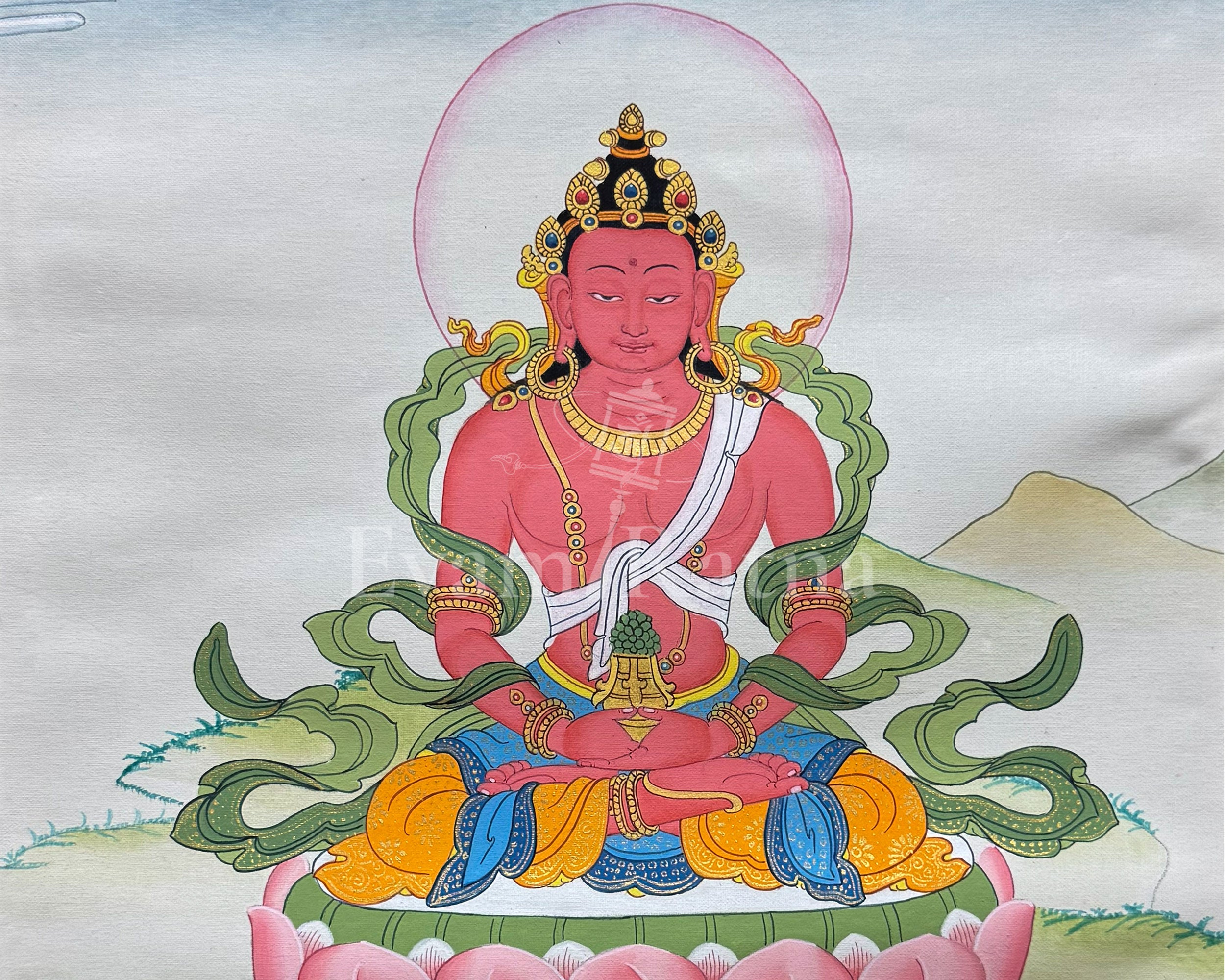 Amitayus Buddha Thangka With Brocade | Symbol of Infinite Life