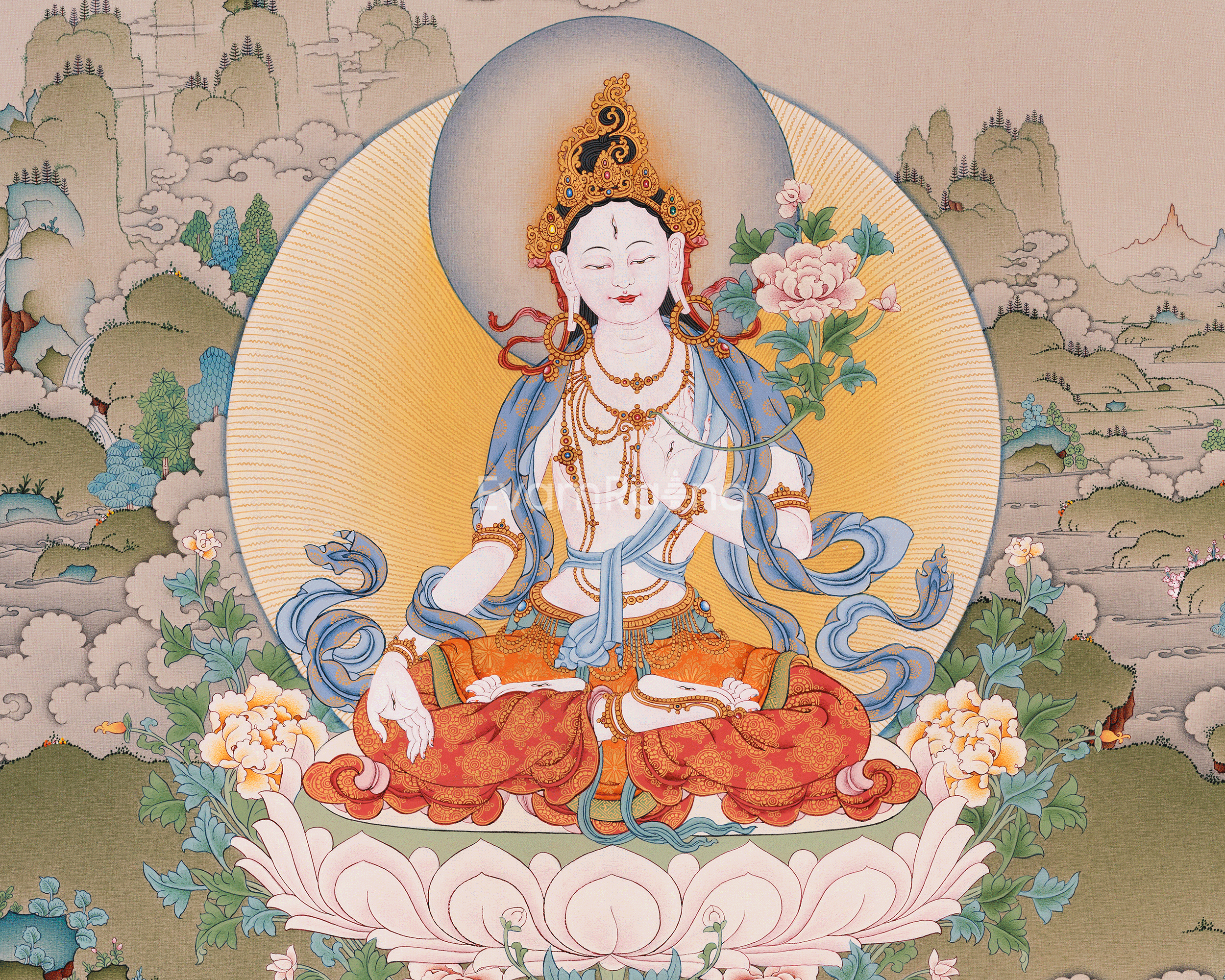 Thangka Print of White Tara | Tibetan Artwork of the Three Longevity Deities
