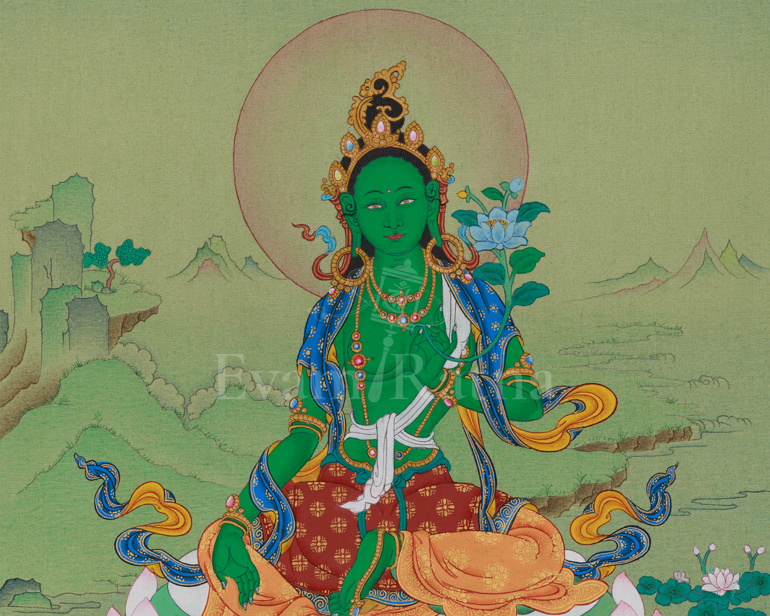 Deity of Compassion Green Tara Thangka | Divine Feminine Artwork