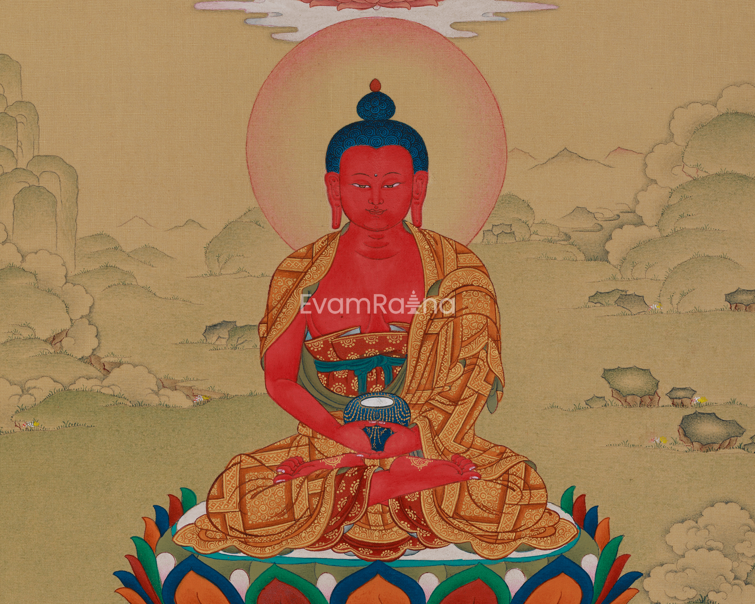 Dhyani Buddha Amitabha with Amitayus | A Sacred Thangka of Infinite Compassion and Longevity