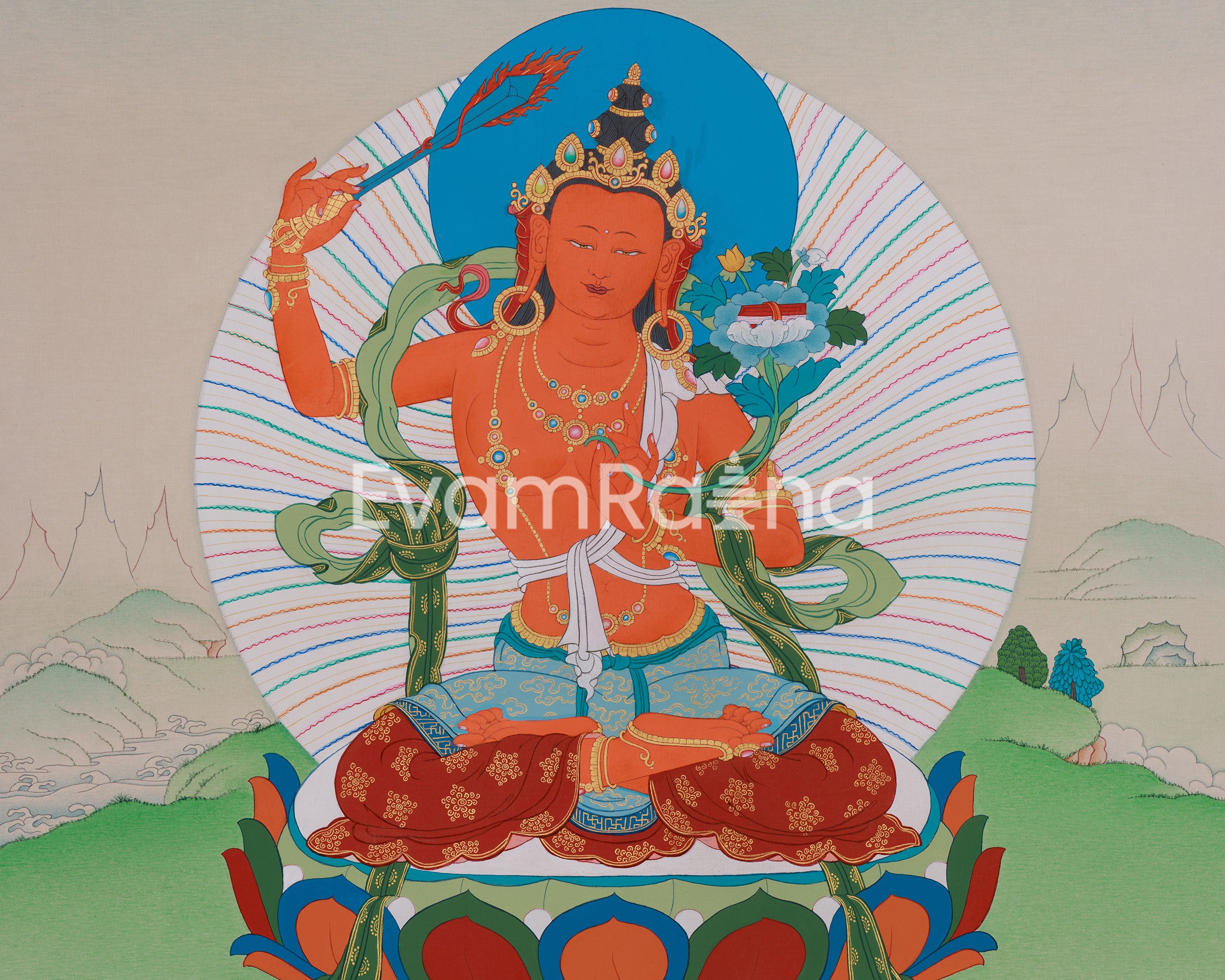 Divine Wisdom Deity Manjushri | A Sacred Thangka of Enlightened Knowledge