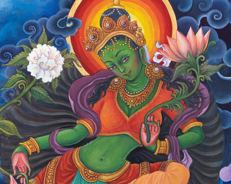 Green Tara The Female Buddha Digital Pauba Print | Mother Tara, The Deity Of Compassion Art For Room Decoration