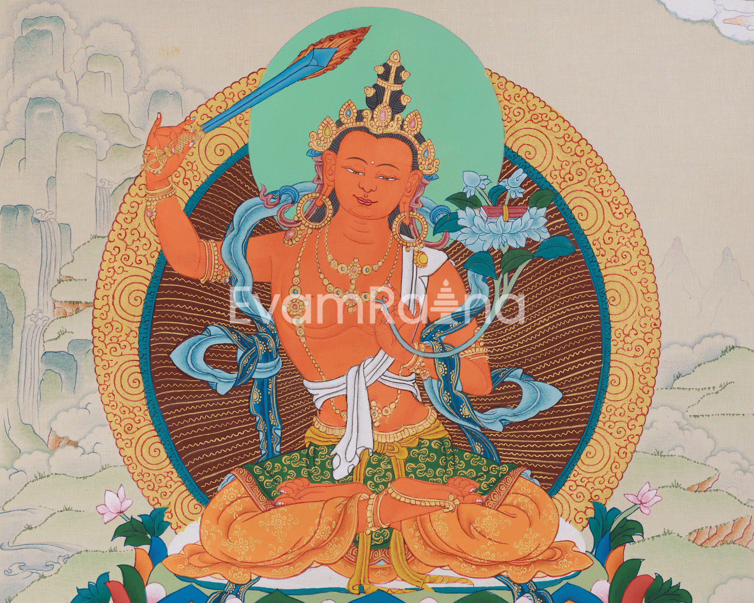Hand-Painted Sacred Art Of Manjushri | Bodhisattva Artwork | Meditation Altar