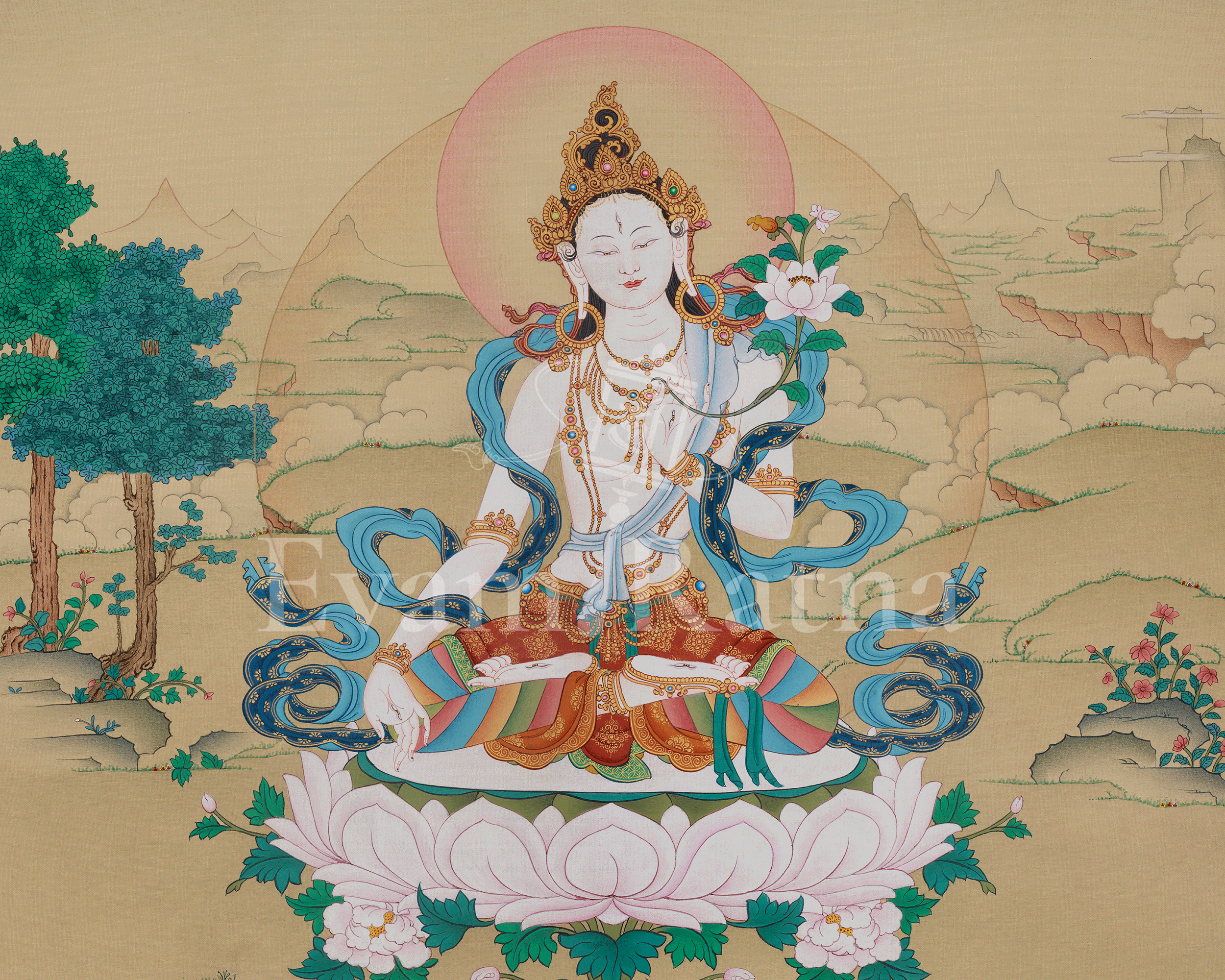 White Tara Healing Buddhist Art | Sacred Thangka of Compassion and Longevity