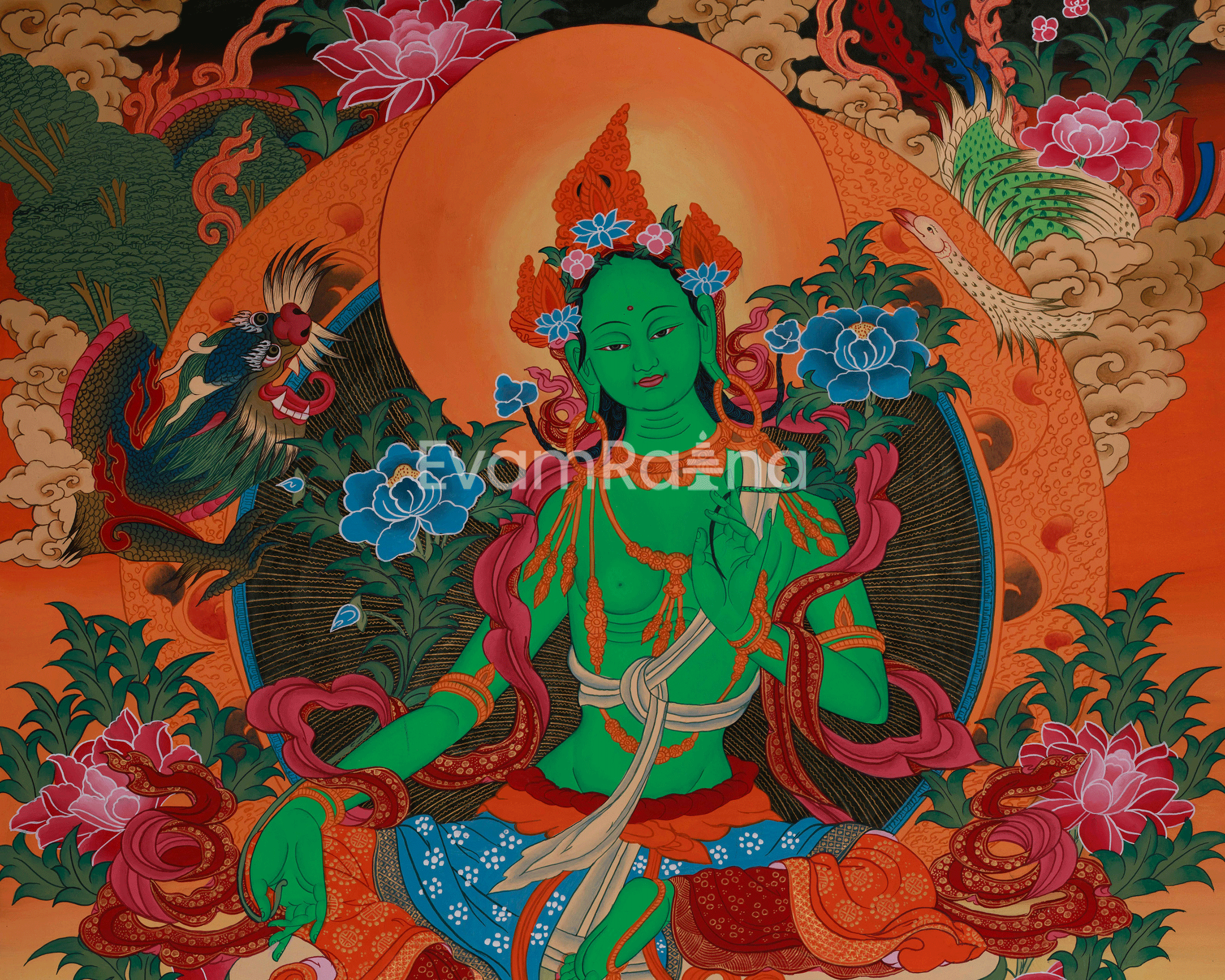 Spiritual Thangka Of Green Tara | Peace And Healing Art | Meditation Altar