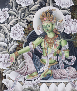 Traditional Thangka For Green Tara Buddha Mantra Practice | Newari Pauba Giclee Print