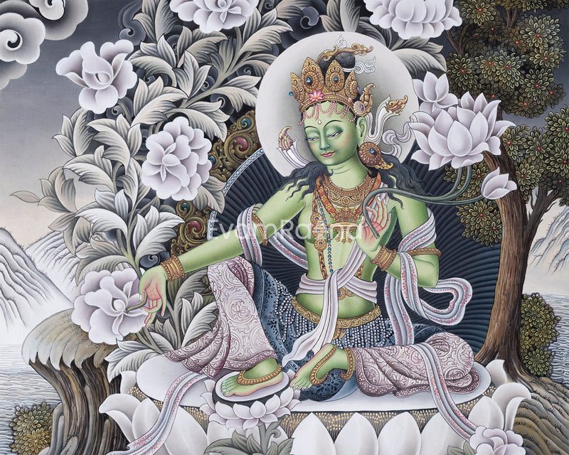 Traditional Thangka For Green Tara Buddha Mantra Practice | Newari Pauba Giclee Print