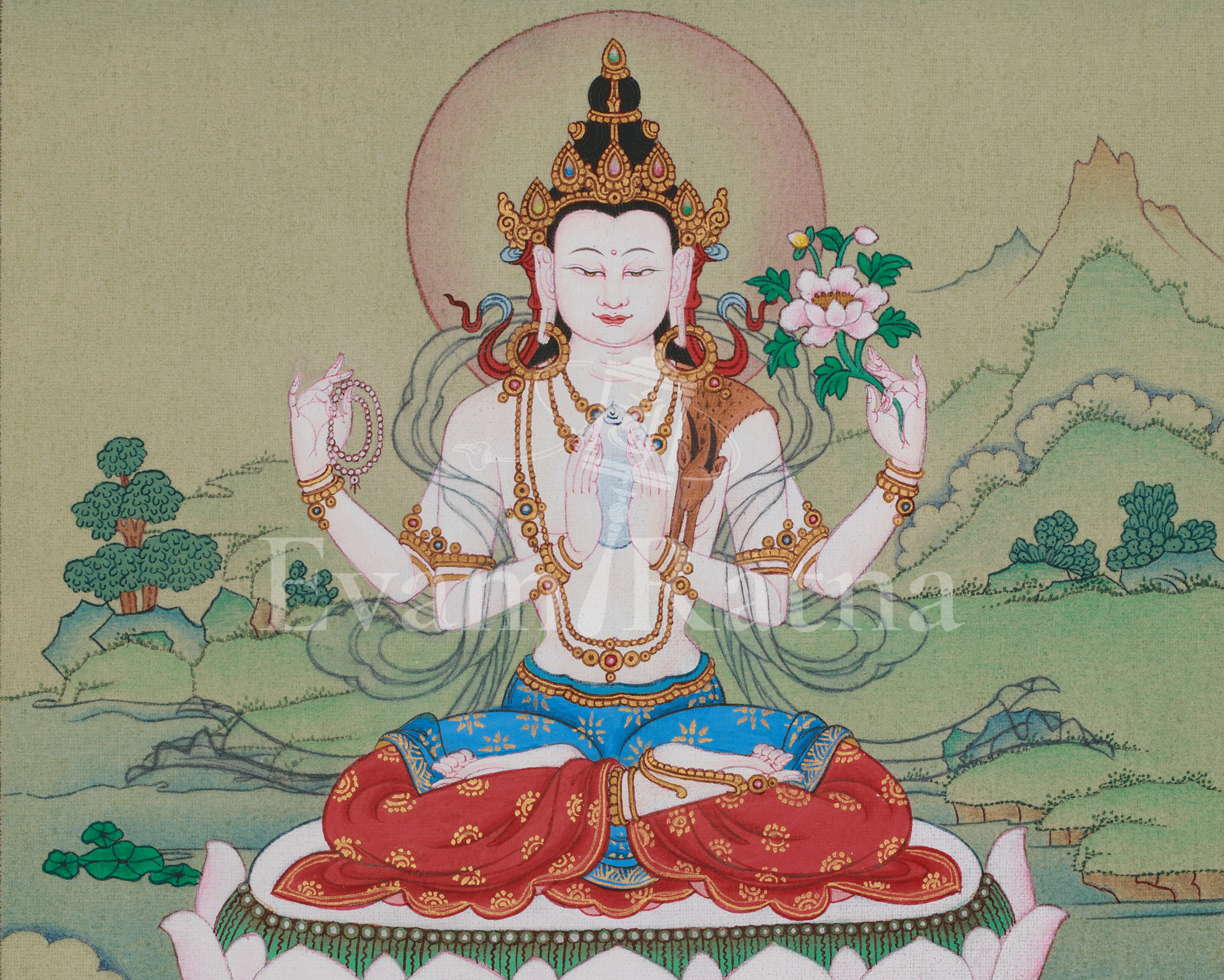 Chenrezig Meditation Thangka | Avalokiteshvara Art | Compassion Deity