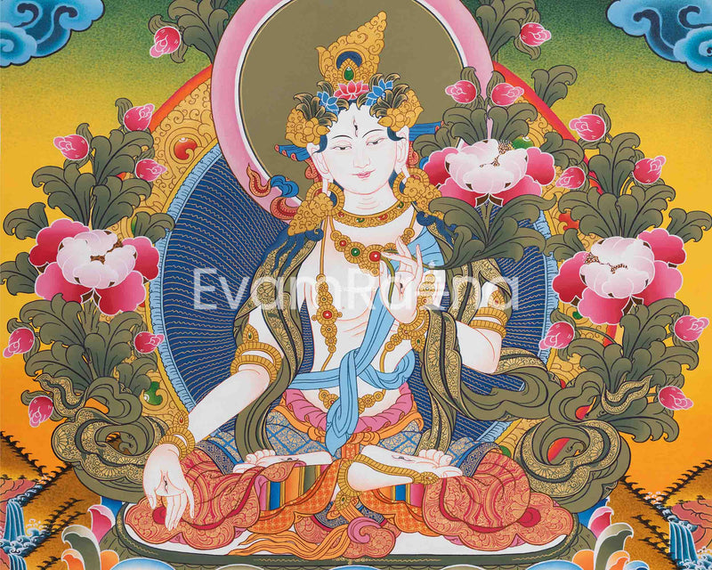 White Tara Bodhisattva | Tibetan Goddess of Longevity Thangka | Wall Art for Spiritual Balance