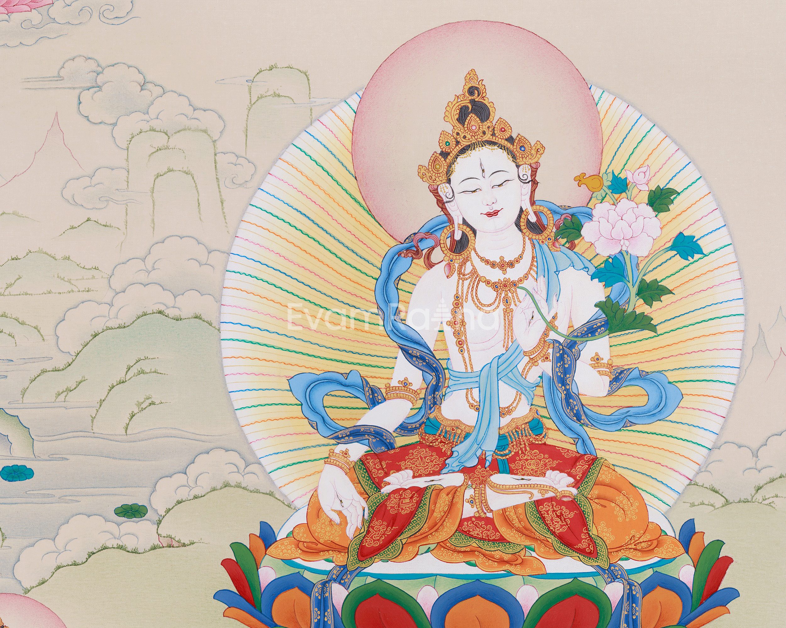 Thangka of Long-Life Deities: White Tara, Amitayus Buddha, and Namgyalma | Symbols of Protection