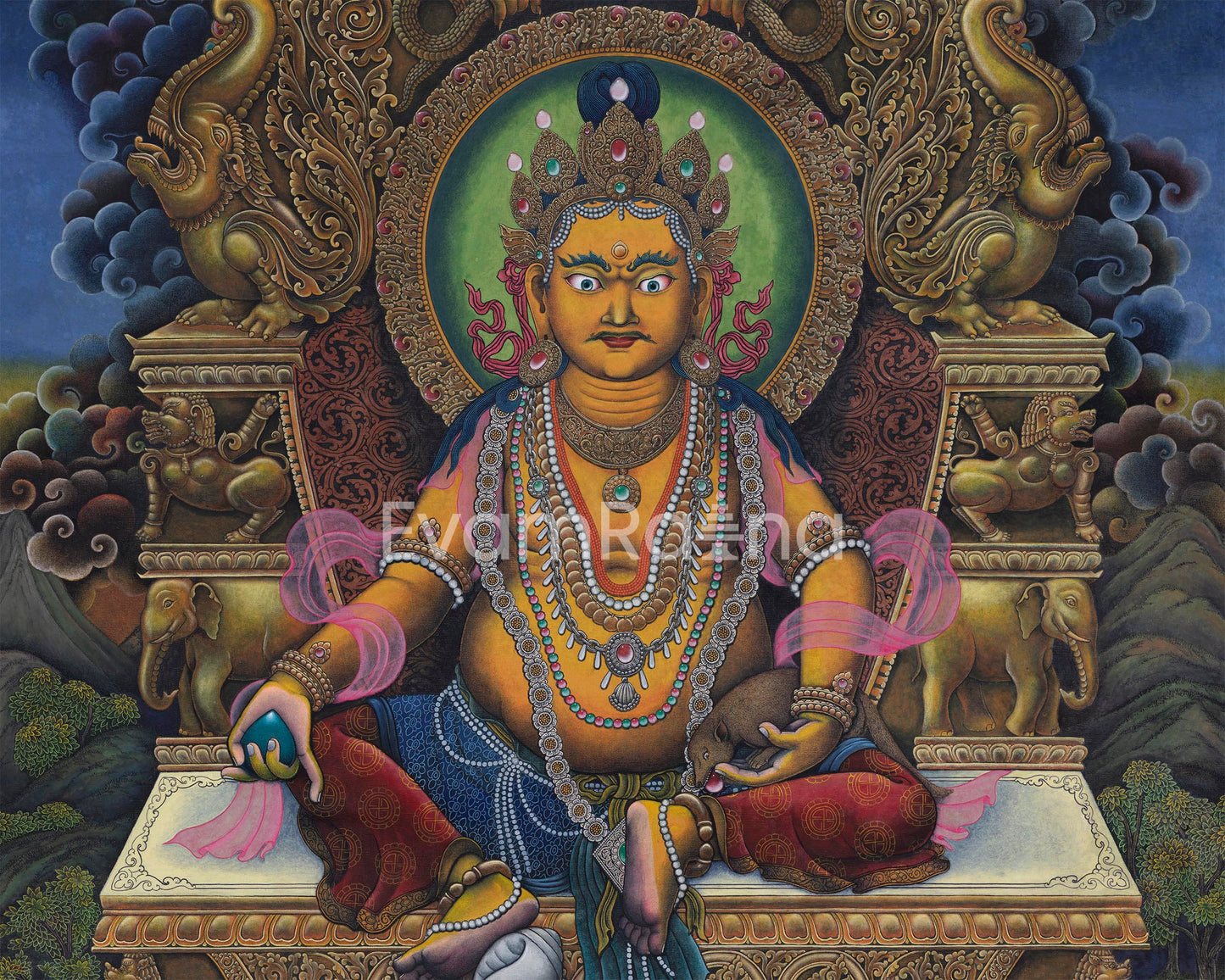 Dzambhala, The Tibetan Deity Of Wealth Nepali Painting| Traditional Newari Giclee Canvas rint