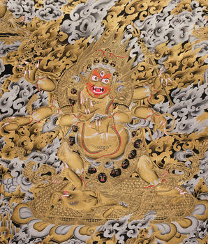 The Wrath of Mahakala | Pure Silver & Gold Embellished Thangka of the Dharma Protector