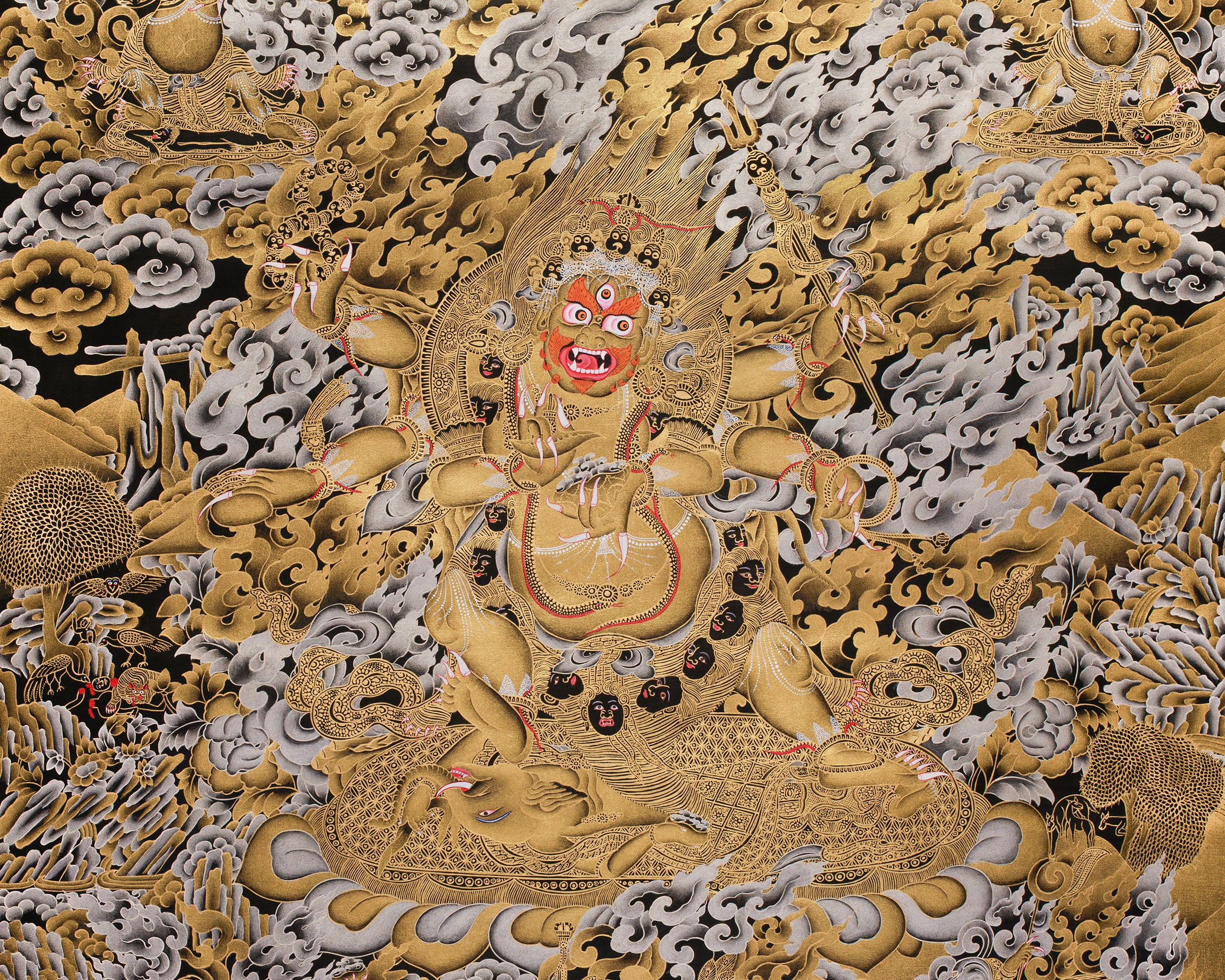 The Wrath of Mahakala | Pure Silver & Gold Embellished Thangka of the Dharma Protector